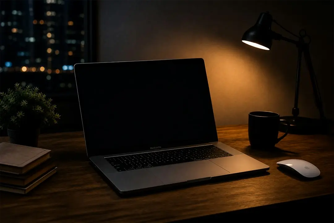 A laptop on a wooden desk under a lamp at night, where a GaroxTV M3U playlist link gets copied into a player